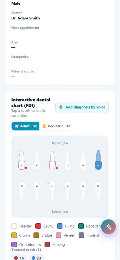 The real Modirify voice diagnosis and dental chart screen